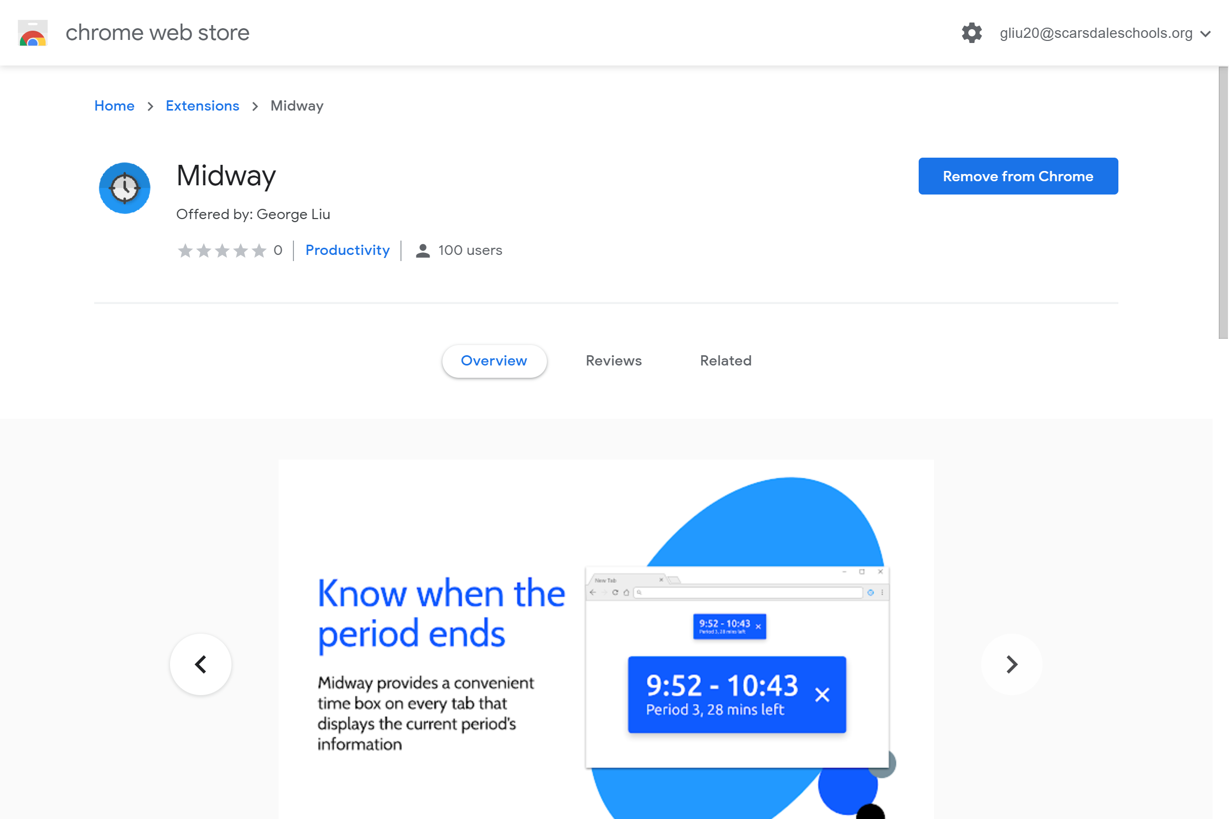 The Chrome web store displays the Midway Chrome extension featuring exactly a hundred users. The Midway Chrome extension with exactly 100 users
